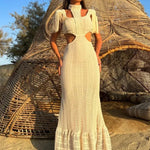 Sexy White Lace Dress Turtleneck Tassel Sleeve Slim Hollow Out Waist Long Dress Spring Summer Beach Maxi Dress