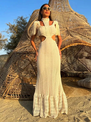 Sexy White Lace Dress Turtleneck Tassel Sleeve Slim Hollow Out Waist Long Dress Spring Summer Beach Maxi Dress