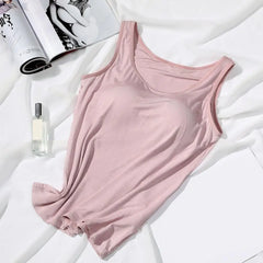 Casual Solid Color Bottoming Vest O-Neck Sleeveless Tops Wire-Free Women Elastic Camisole with Bra Pads Simple Fitness T-shirt