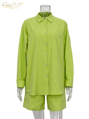 Elegant Loose High Waist Shorts Set Long Sleeve Blouse 2-Piece Suit