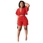 V Neck Crop and Shorts Set for Women  Ruffled Sleeve Top Shorts with Pockets