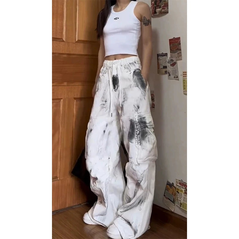 Women's White Cargo Jeans Y2k Vintage High Waist Wide Leg Tie Dye Denim Trousers Baggy Jean Cargo Pants Vintage 2000s