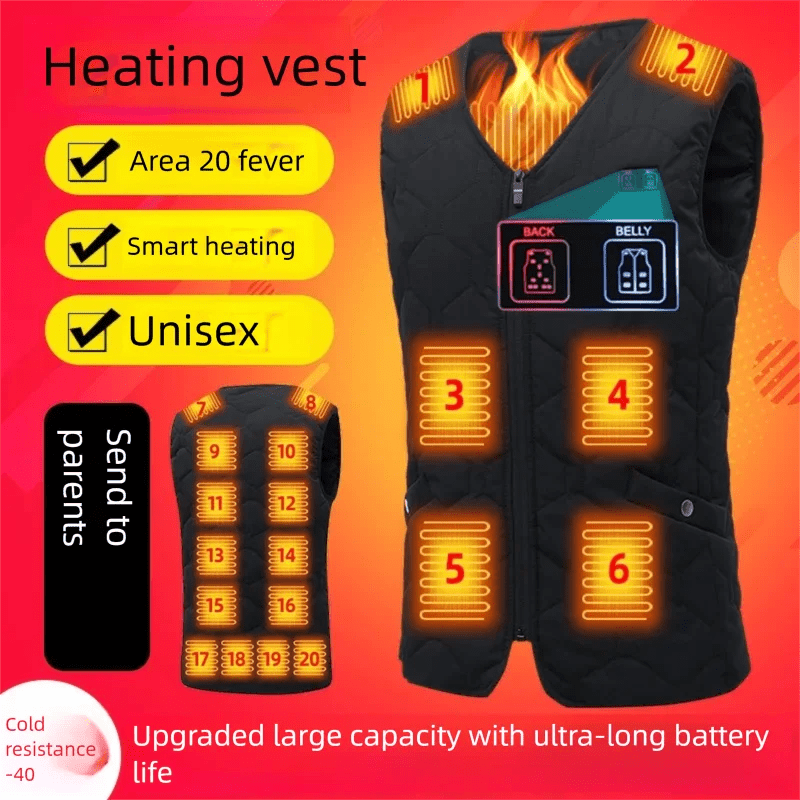 Heating vest with digital display and heating elements on a red background