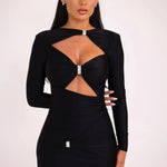 Elegant Black Cutout Long-Sleeve Evening Gown Hollow Out Maxi Dress