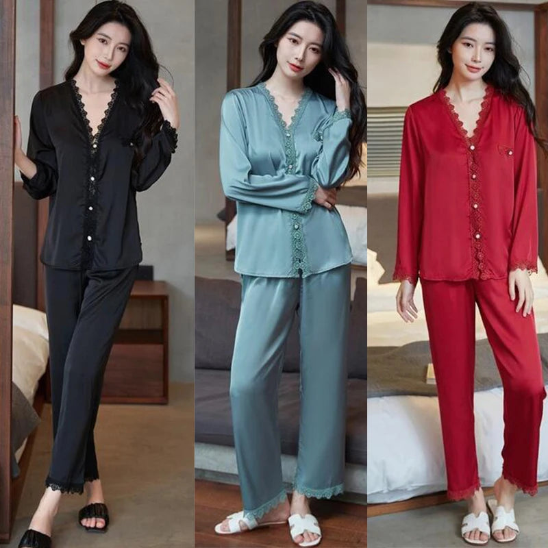 Satin Pajamas Set Sexy 2-Piece Sleepwear Silky Pajamas Loungewear Solid Nightwear