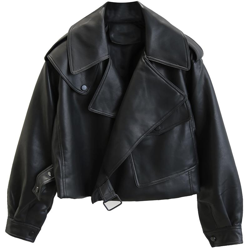 Faux Leather Biker Jacket Women Turndown Collar Loose Casual Streetwear Outerwear Fashion