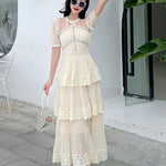 Women's Lace Long Dress High Quality 3 Tier Ruffles Boutique Design Short Sleeve Lace Patchwork Dress