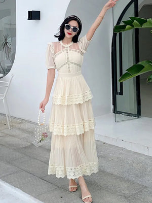 Women's Lace Long Dress High Quality 3 Tier Ruffles Boutique Design Short Sleeve Lace Patchwork Dress