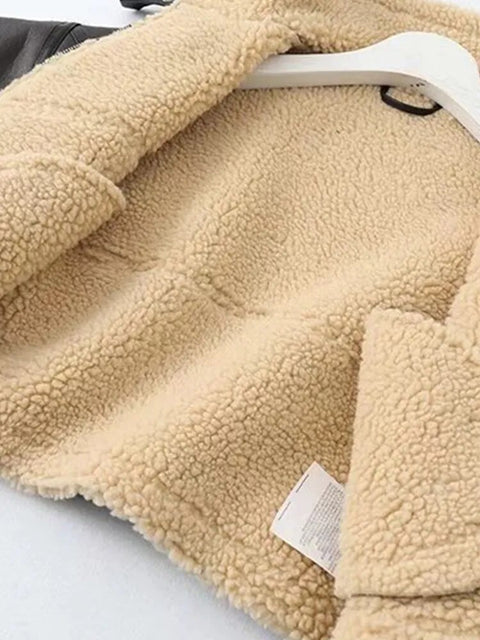 Faux Leather Biker Jacket Women Vegan Fur Short Belt Aviator Style Thick Warm Winter Outerwear