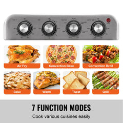 Stainless steel oven control panel with 7 function modes and examples of food cooked using each mode.