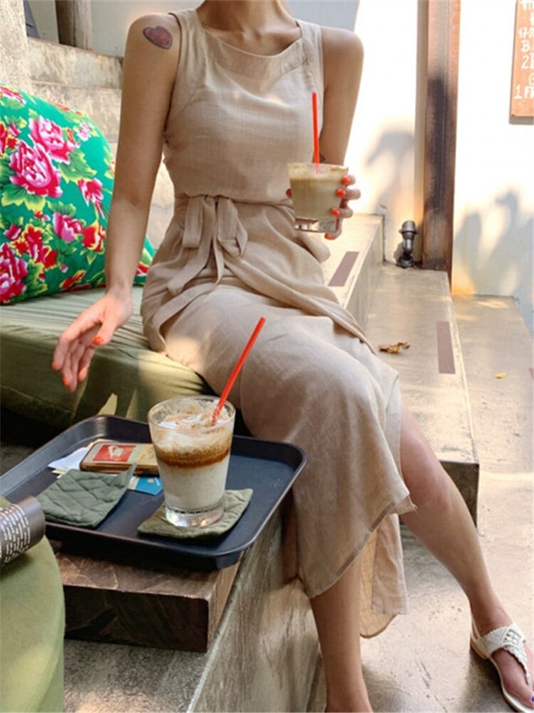 Women's Summer Long Vintage Dress Cotton Poly Blend Sash Sleeveless Dress