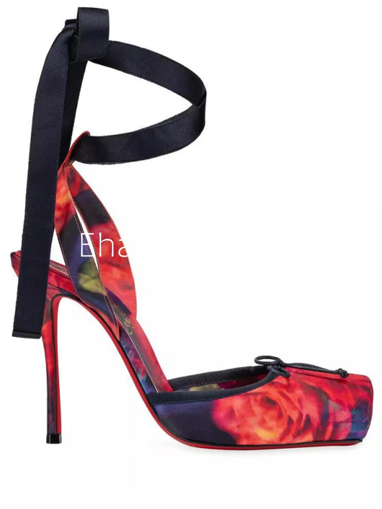 Stunning Black Satin High Heel Sandals with 10cm Red Sole w/ Ankle Straps