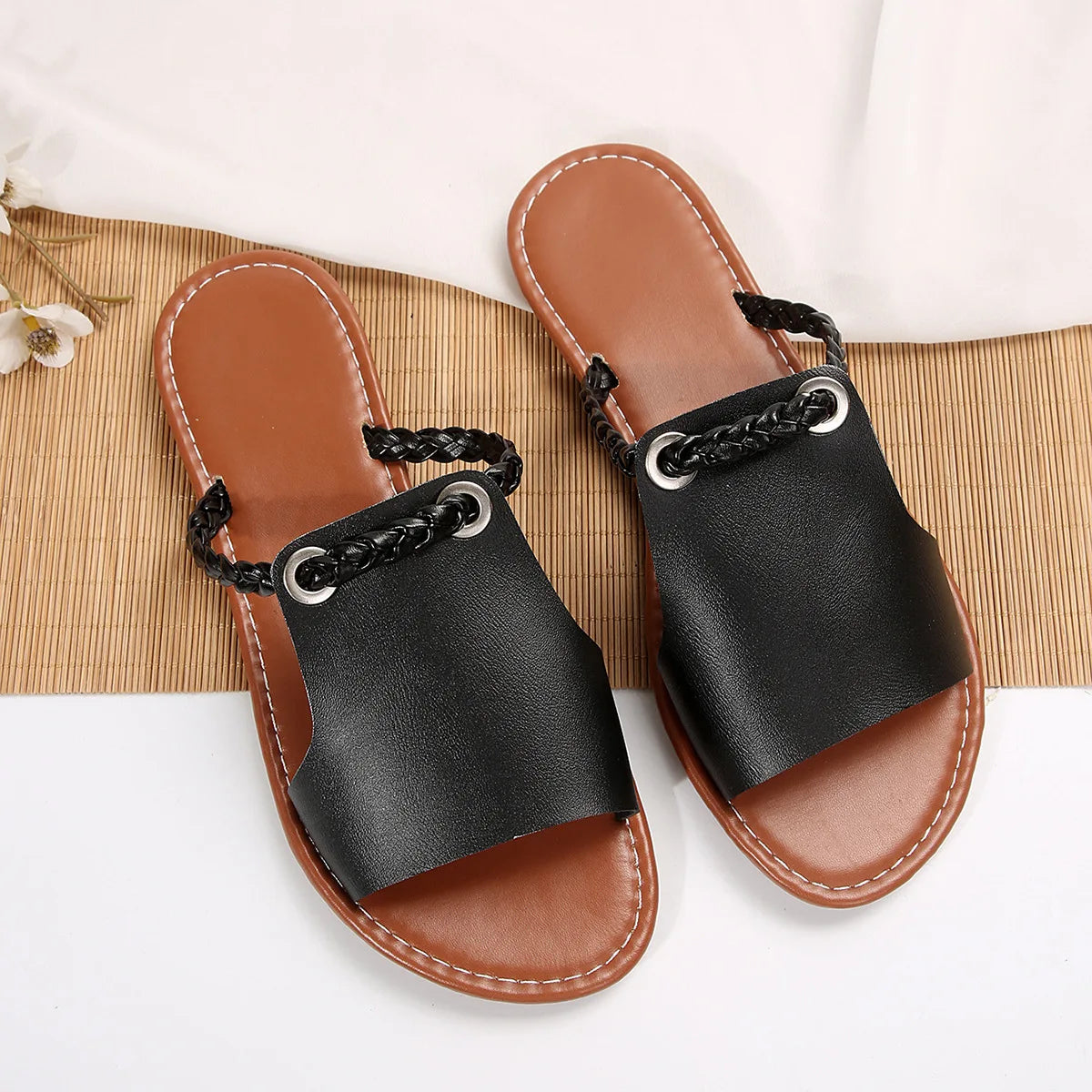 Women's Braided Slip-On Flat Sandals – Casual Open-Toe Summer Slides