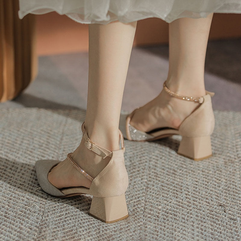 Women's Shiny Crystal Shoes Medium Heel Luxury Sandals with Rhinestones