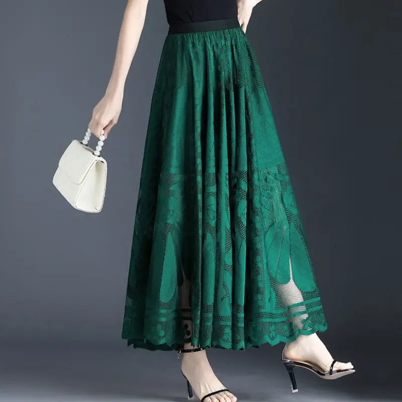 Chic Lace Midi Skirt New Fashion A-Line Long Skirt Big Swing Hollow Out Pleated Gauze Skirt