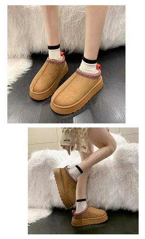 Warm Plush Interior Winter Shoes for Women Winter New Cashmere Warm Thick Sole Low Boot Half Slipper Shoe w/ Fur Lining