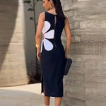 Women's Boutique Fashion Flower Print Cut Out Midi Dress Elegant O-Neck Sleeveless Slim Fit Party Dresses