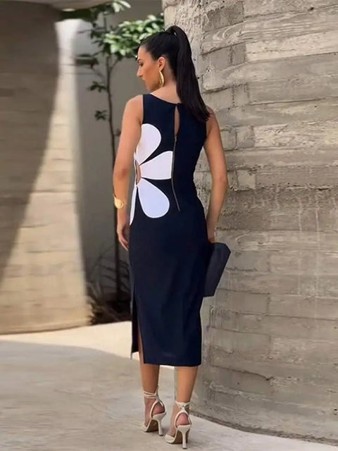 Midi Dress Women Flower Print Cut Out Elegant O-Neck Sleeveless Slim Fit Boutique Party Fashion Dress