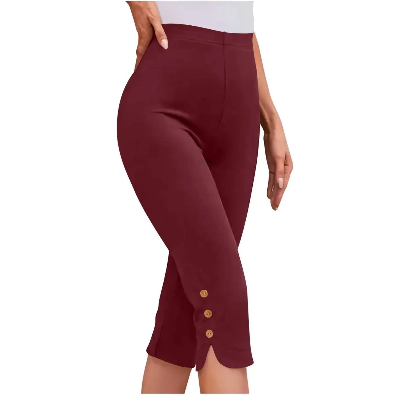 Maroon pants with gold buttons on a white background