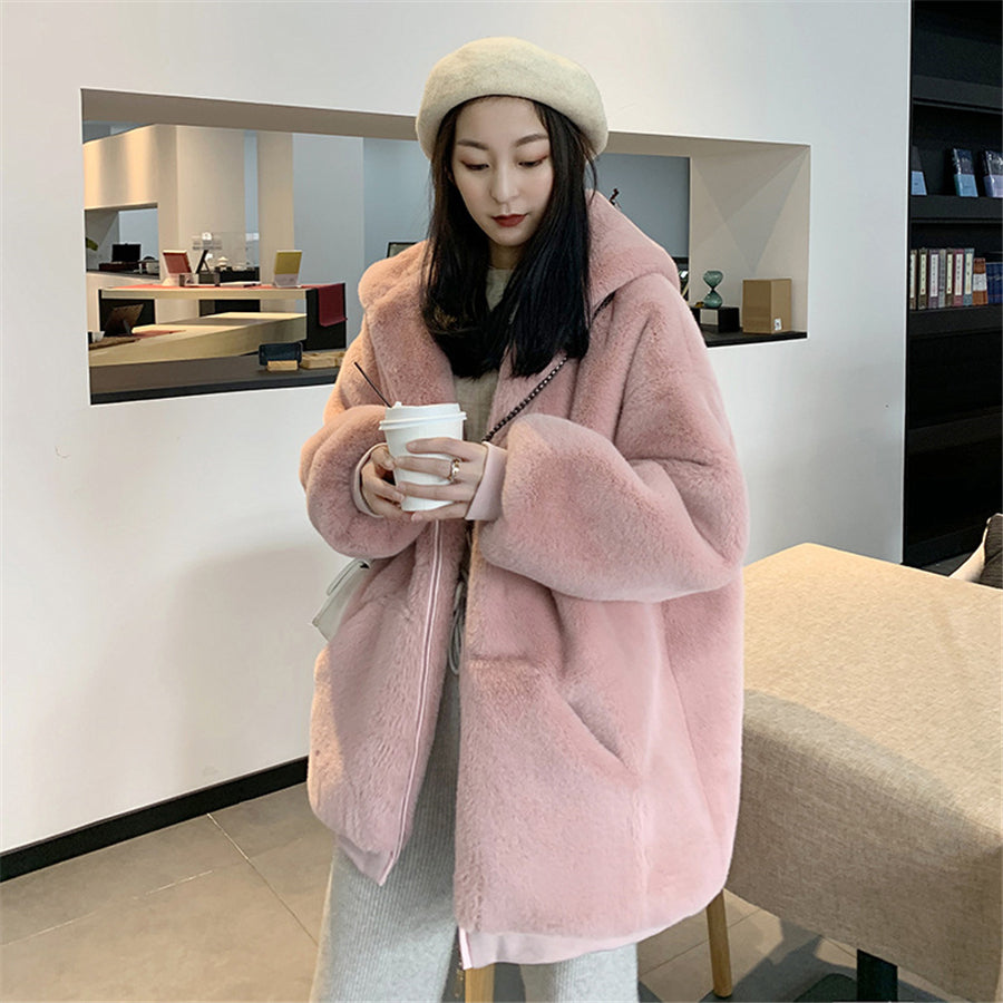 Women's Warm Thick Overcoat Faux Fur Coat Hooded Fleece Jacket with Zipper and Pockets