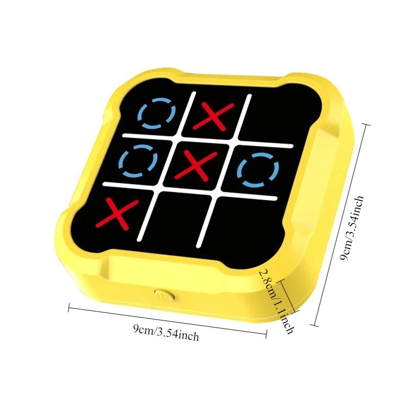 Noughts and crosses game with yellow border and black board, showing dimensions on a white background.