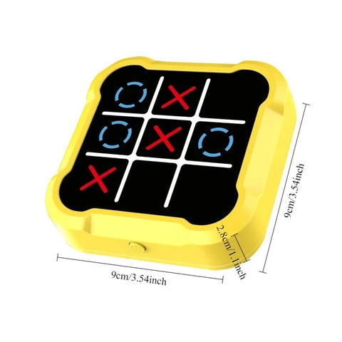 Noughts and crosses game with yellow border and black board, showing dimensions on a white background.