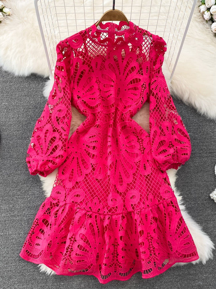 Floral Embroidered Lace Midi Dress Women Hollow Out Puff Ruffle Long S Floral Embroidered Lace Midi Dress Women Hollow Out Puff Ruffle Long S