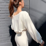 Elegant Women's Loose Pullover Top + Slim Long Dress 2 Piece Suits