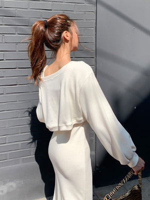 Elegant Women's Loose Pullover Top + Slim Long Dress 2 Piece Suits