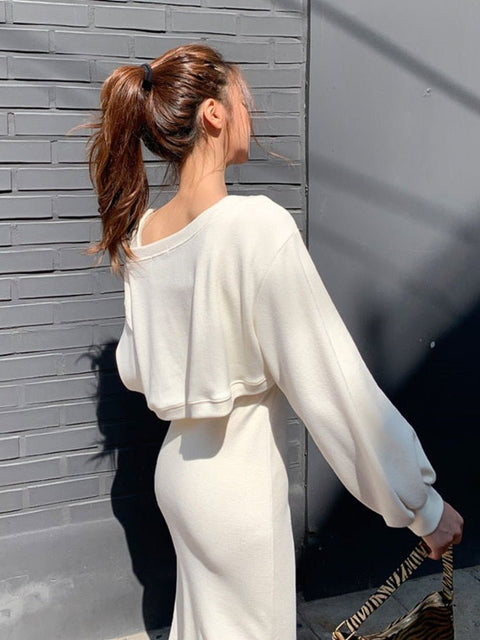 Pullover Top & Long Dress Set Women Elegant Loose Slim 2-Piece Casual Fashion Suit Outfit