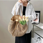 Handcrafted Round Straw Woven Beach Tote Bag Vacation Beach Hollow Out Shoulder Bag