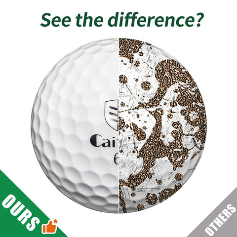 Golf ball with visible branding and texture comparison on a white background