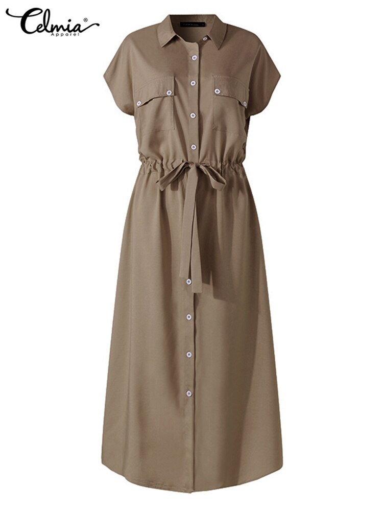 Women's Casual Spring/Summer Midi Dress Short Sleeve Button up Lapel Dress with Pockets Plus Sizes