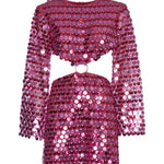 Sequin Embellished Cut-Out Mini Dress with Long Sleeves Round Neck