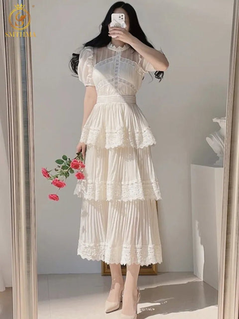 Maxi Dress Women Vintage Puff Short Sleeve O-Neck Beige Elegant Lace Long Coattail Party Summer Dress
