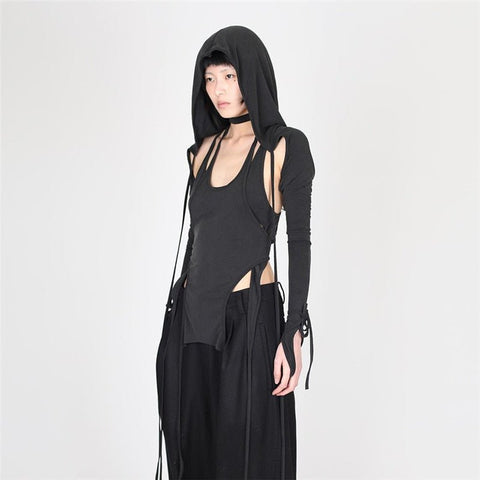 Hooded Crop Top Women Fairy Grunge Long Sleeve Y2K Strappy Asymmetric Streetwear Fashion