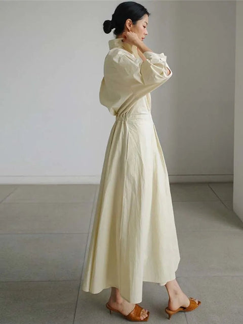 Long Sleeve Midi Dress Women Pleated Elegant Turndown Collar Loose Fit Casual Party Fashion Dress
