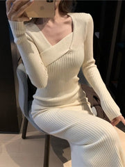 Elegant Slim One-Size Party Dress Vintage Knitted Dresses for Women Long Sleeve Sweater Dress