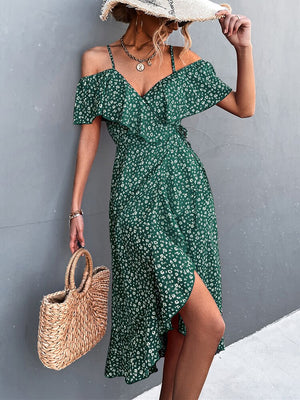 Elegant Floral Print Midi Dress for Women Summer Sexy Backless Ruffle with Slit Off Shoulder Irregular Hem Dress