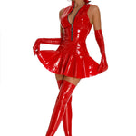 Women's Faux PVC Leather Dress Wet Look Sexy Bodycon Vinyl Latex Sleeveless Mini Dress with Gloves & Stockings