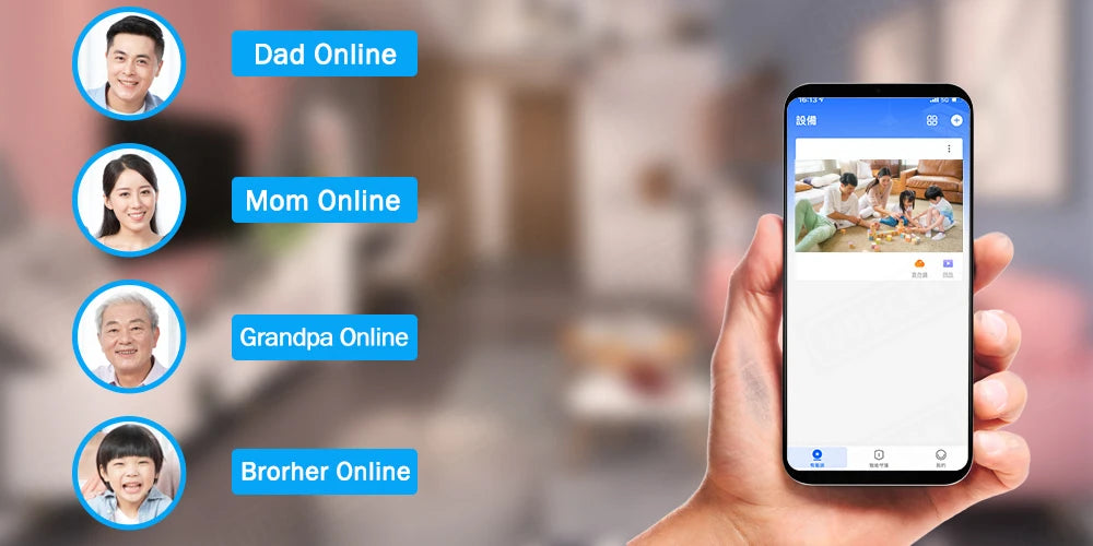 Hand holding a smartphone with a video call interface showing family members, with icons labeled 'Dad Online', 'Mom Online', 'Grandpa Online', and 'Brother Online' on the left.