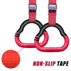 Black and red gymnastic rings with non-slip tape on a white background