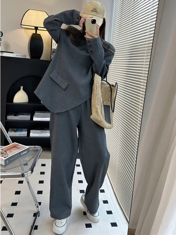 model wearing 2 piece pant suit 