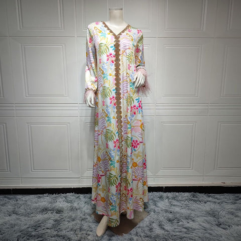 Rhinestone Beaded Maxi Dress Women V-Neck Long Sleeve Feather Patchwork Printed Elegant Fashion