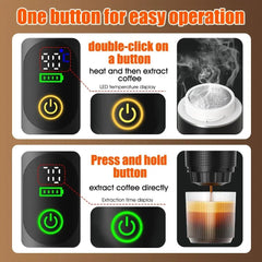 Coffee machine with control panel and brewing process illustration on a brown background