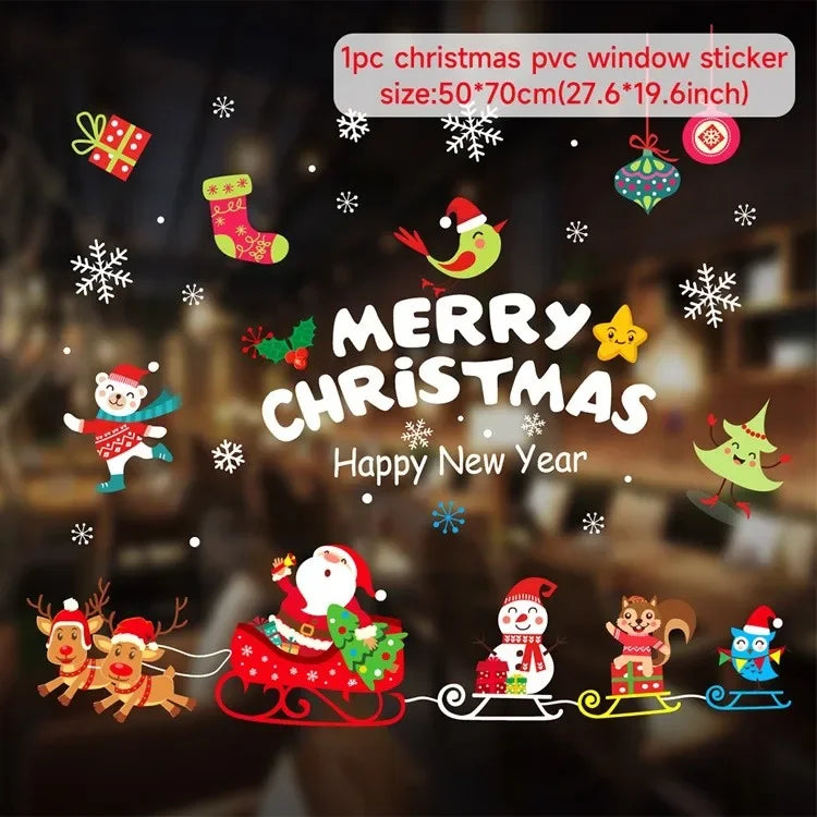 Christmas-themed pvc window stickers with Santa Claus, reindeer, and other festive elements on a dark background.