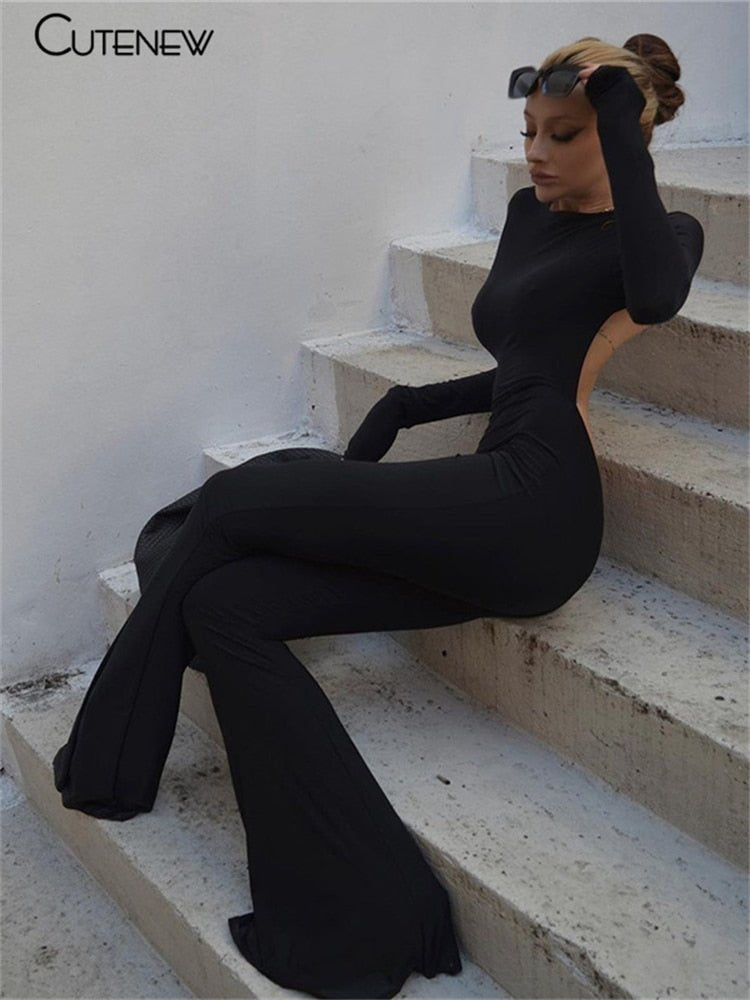 Backless Flare Leg Jumpsuit Women Bodycon Slim Long Sleeve O-Neck Casu Backless Flare Leg Jumpsuit Women Bodycon Slim Long Sleeve O-Neck Casu
