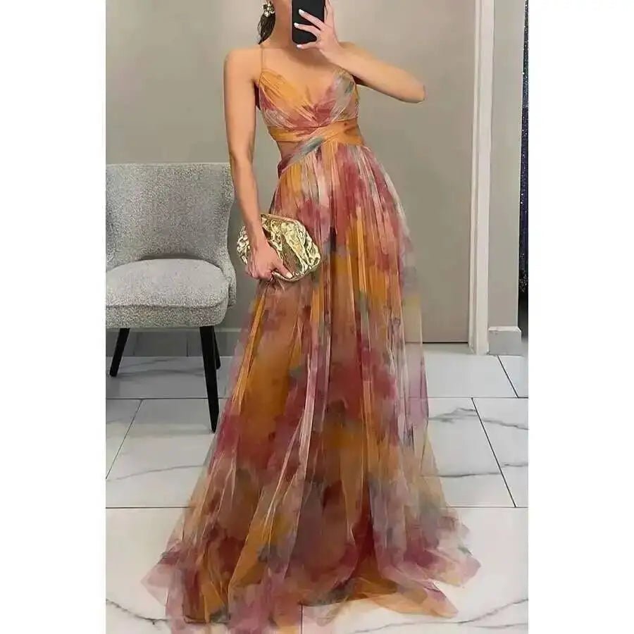 Woman wearing a colorful evening gown in an indoor setting