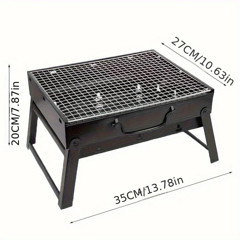 Portable grill with dimensions labeled on a white background