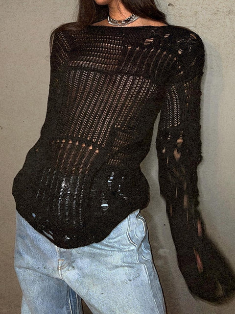 Distressed Hole Sweater Women Vintage Casual Grunge Loose Long Pullover Streetwear Fashion